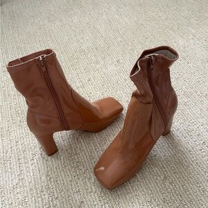 Patent Leather Block Heel Ankle Boots - Brown